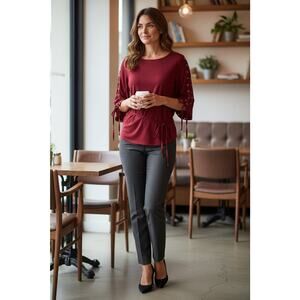 Women Boatneck Lace Up Trim Eyelet Sleeve Blouse Crimson Red